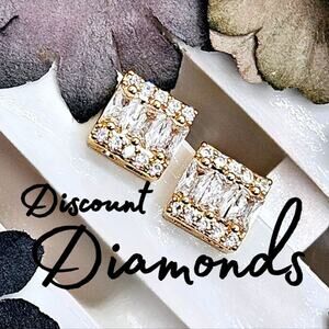 Dainty 18K Yellow Gold Square Baguette Diamond Earrings on 925 Silver